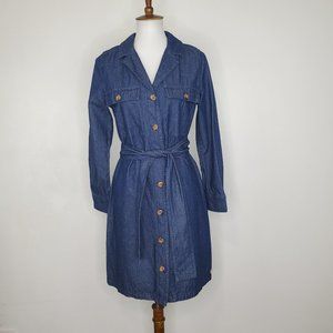 Hatley Blue Dark Wash Button Up Belted 100% Cotton Denim Jean Shirt Dress Size S